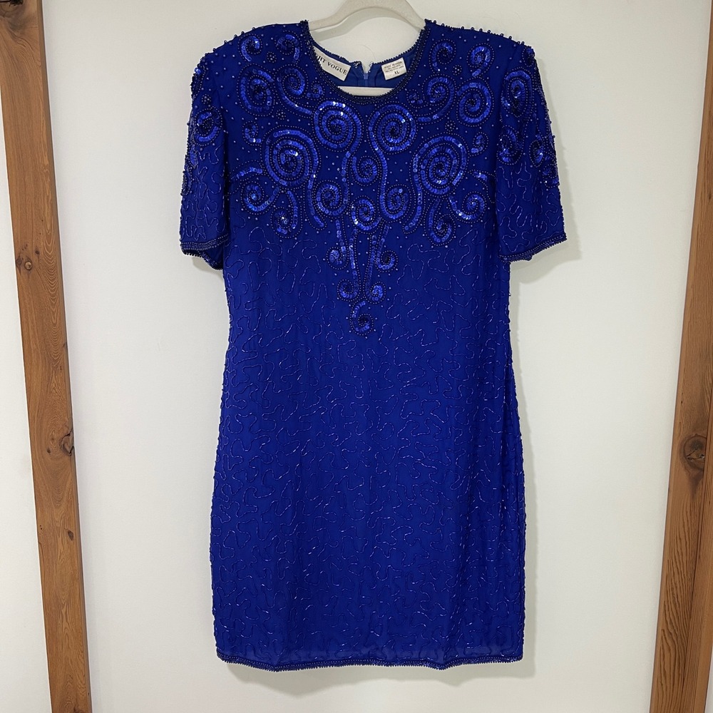 Night Vogue Vintage Silk Beaded Sequin Dress Womens XL Blue Cocktail Formal Mini